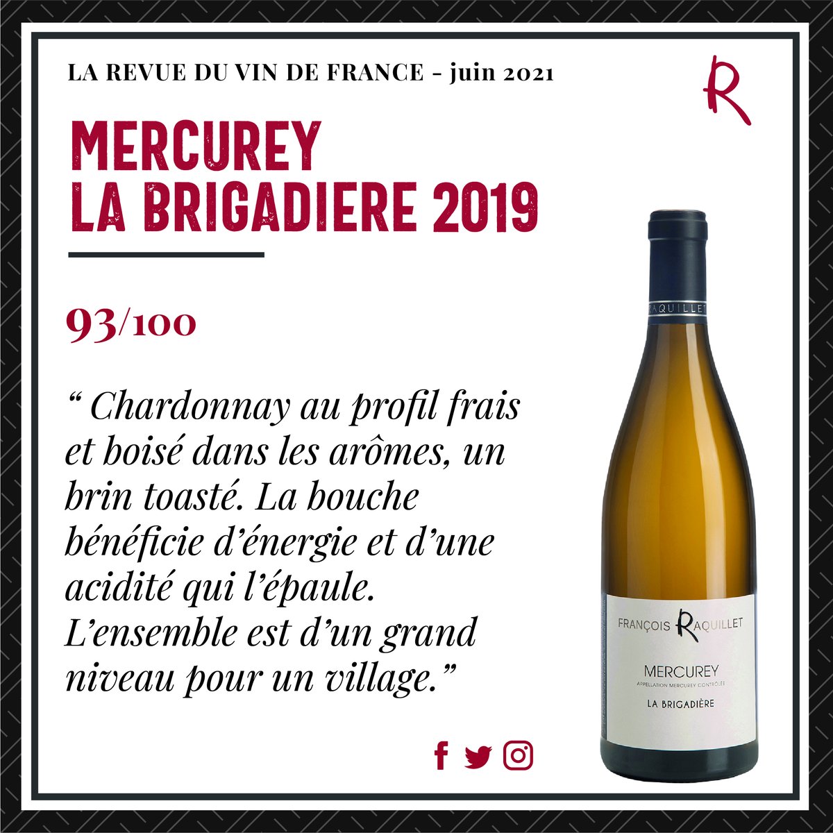 La <a href="/LaRVF_mag/">La Revue du vin de France</a> de juin 2021 a sélectionné et noté nos crus 2019 suivants.

#DomaineRaquillet #VinsdeBourgogne #Mercurey #LaRvf #Mercurey