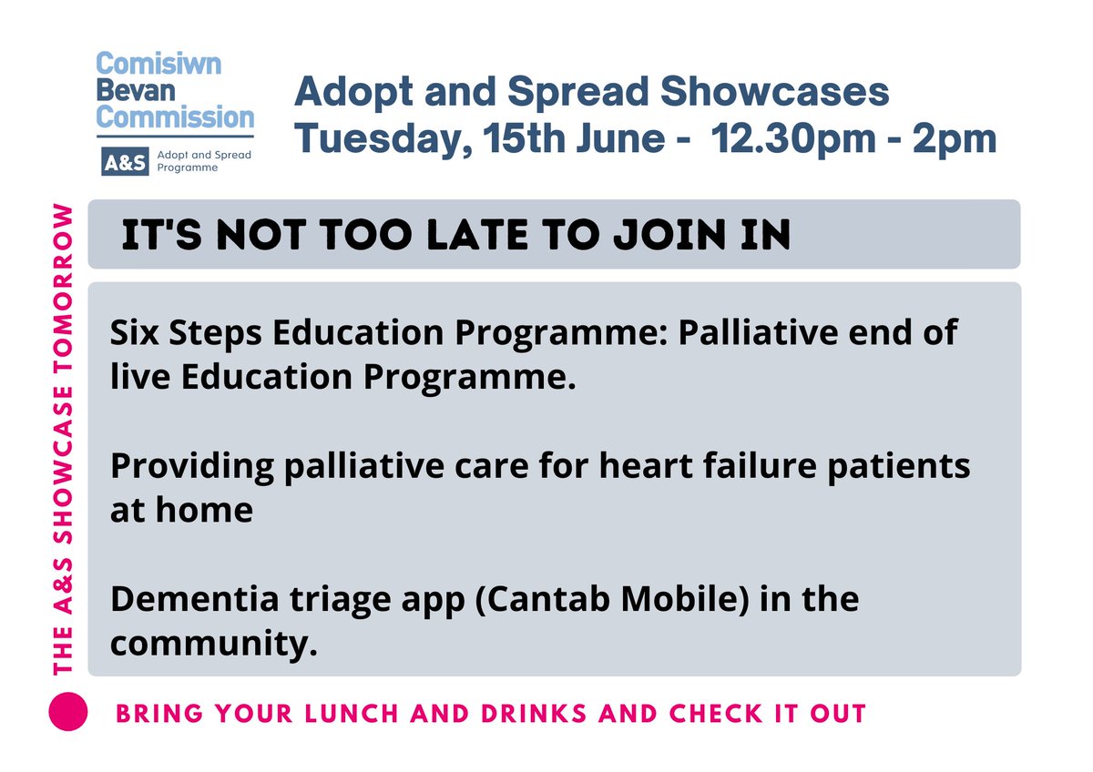 Bevan Commission (@bevancommission) on Twitter photo Register here
Six Steps Education Programme: eventbrite.co.uk/e/137813853947
Providing palliative care for heart failure patients at home: eventbrite.co.uk/e/138239378703
Dementia triage app (Cantab Mobile) in the community: eventbrite.co.uk/e/137811731599
<a href="/CAVUHB/">CardiffandVale UHB</a> <a href="/NHSConfed/">NHS Confederation</a> <a href="/WelshConfed/">Welsh NHS Confederation</a> <a href="/lshubwales/">Life Sciences Hub Wales</a> Register here
Six Steps Education Programme: eventbrite.co.uk/e/137813853947
Providing palliative care for heart failure patients at home: eventbrite.co.uk/e/138239378703
Dementia triage app (Cantab Mobile) in the community: eventbrite.co.uk/e/137811731599
<a href="/CAVUHB/">CardiffandVale UHB</a> <a href="/NHSConfed/">NHS Confederation</a> <a href="/WelshConfed/">Welsh NHS Confederation</a> <a href="/lshubwales/">Life Sciences Hub Wales</a>