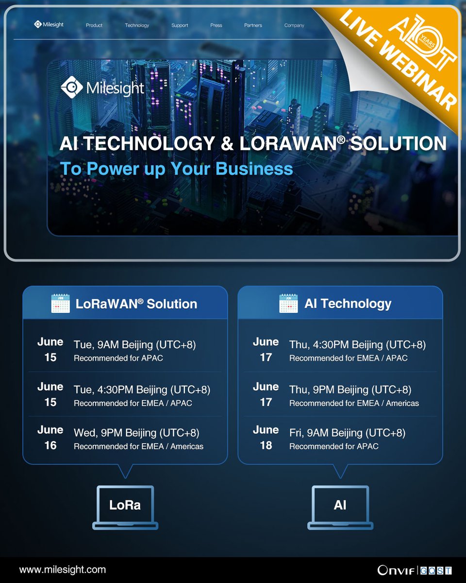 #MilesightWebinar: AI Technology &amp; LoRaWAN® to Power up Your Business!

For AI technology, enter the link here: milesight.com/promotion/conn…

For LoRaWAN® Solution, enter the link here: milesight.com/promotion/conn…

#milesight #webinar #ai #lorawan