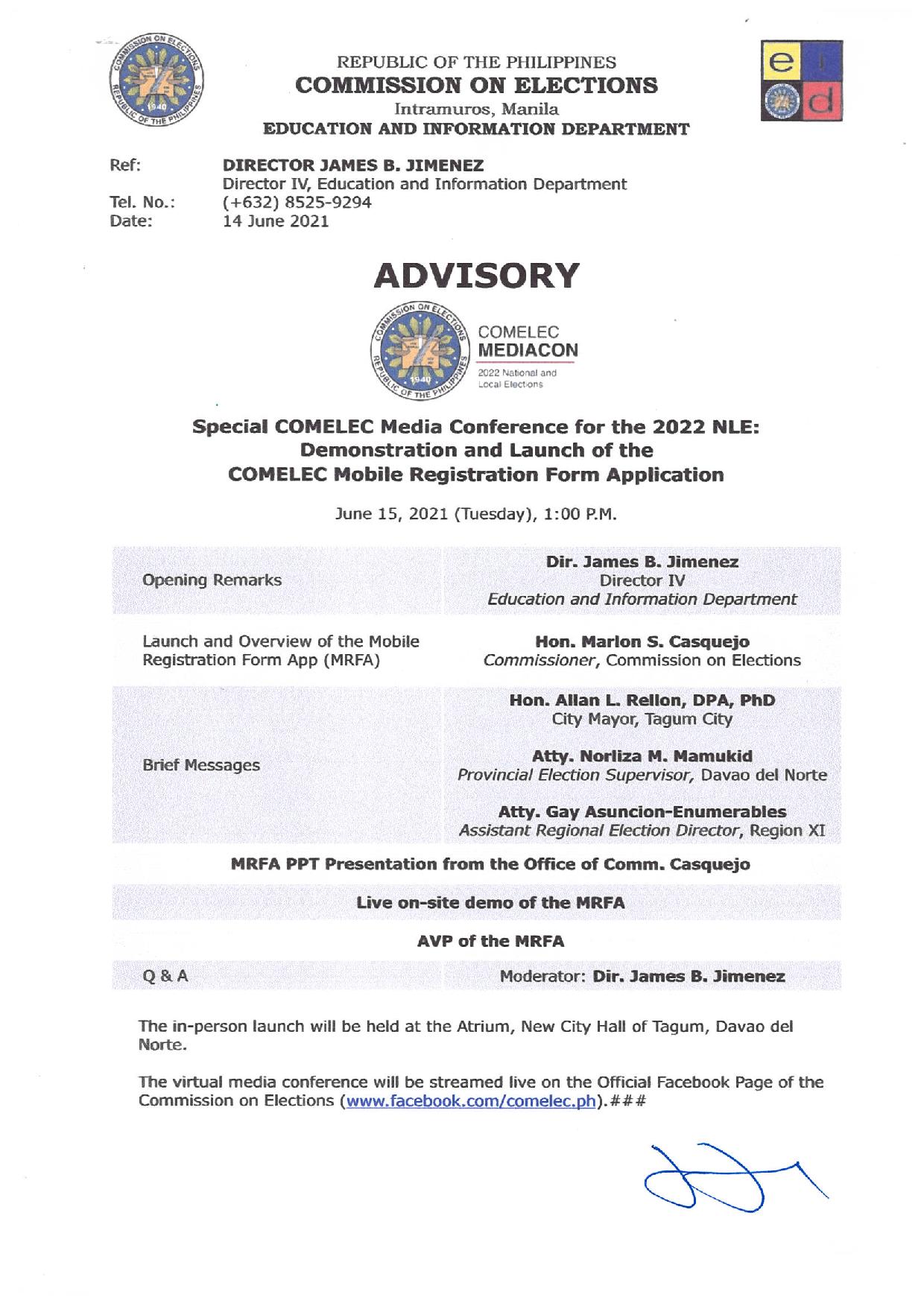 Comelec On Twitter Advisory Special Mediacon For The 2022 Nle Demo And Launch Of The Mobile Registration Form App Jabjimenez Dirfrancesarabe Https T Co B5ldfx3gsw