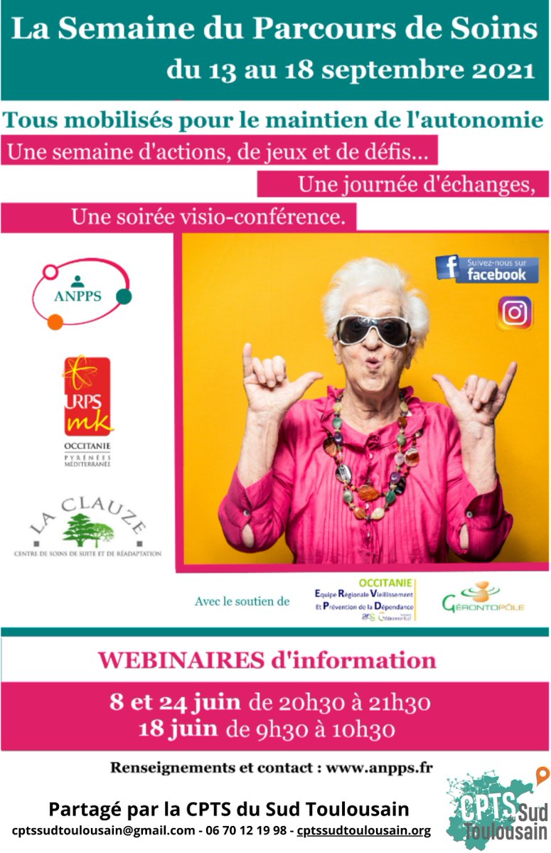 L'<a href="/URPS_MK_Oc/">URPS MK Occitanie</a>  vous propose d'assister à la semaine du parcours de Soins qui se déroulera du 13 au 18 septembre en Occitanie.

👴 Ce projet pluridisciplinaire à pour objectif de dynamiser les seniors afin qu'ils conservent leur autonomie.