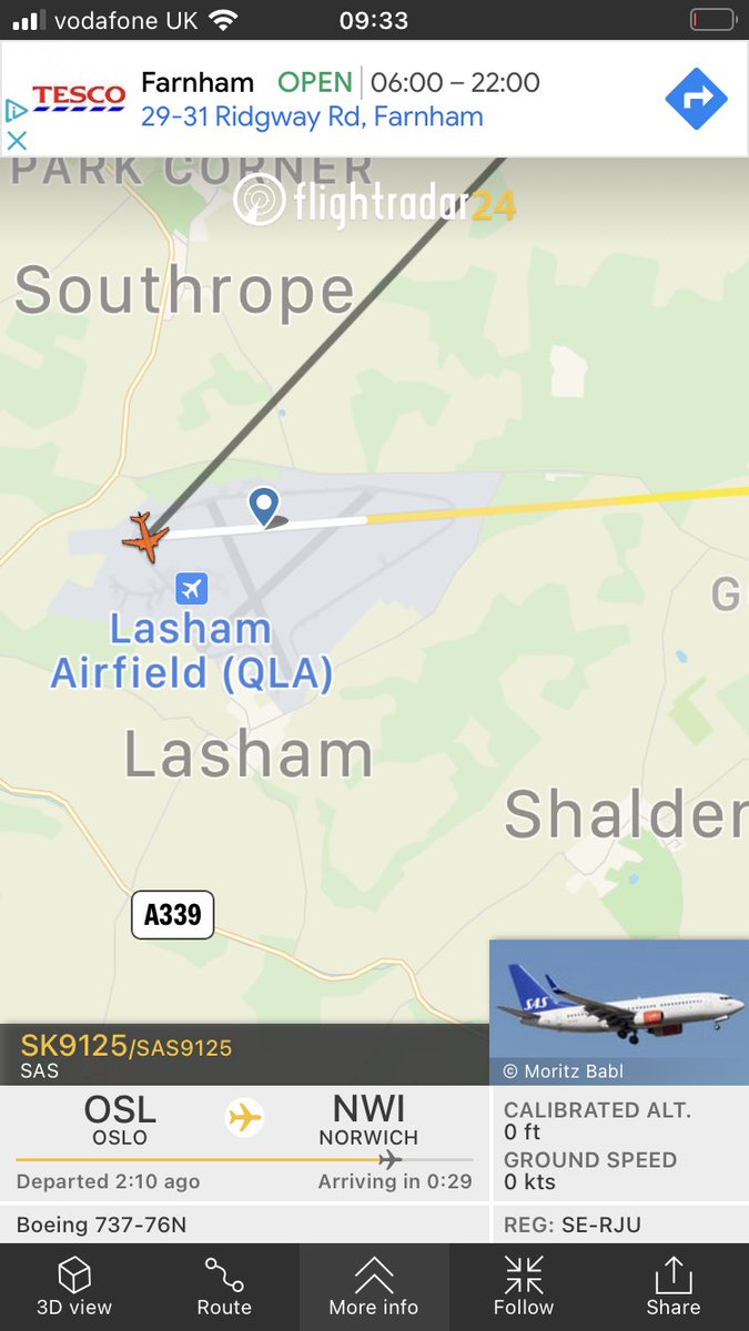 Captain_Farnham's tweet image. A flight from Oslo to Norwich landing at Lasham airfield? Bit odd.