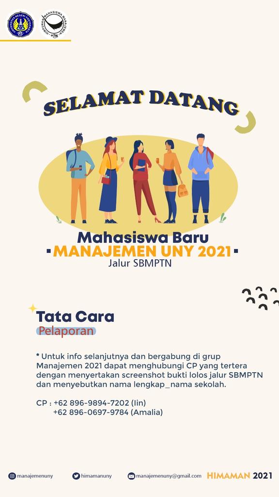 ✨SELAMAT DATANG✨
Mahasiswa Baru Manajemen UNY 2021 Jalur SBMPTN. 
Berikut merupakan informasi tata cara laporan konfirmasi untuk dimasukkan di grup angkatan🙌🏻