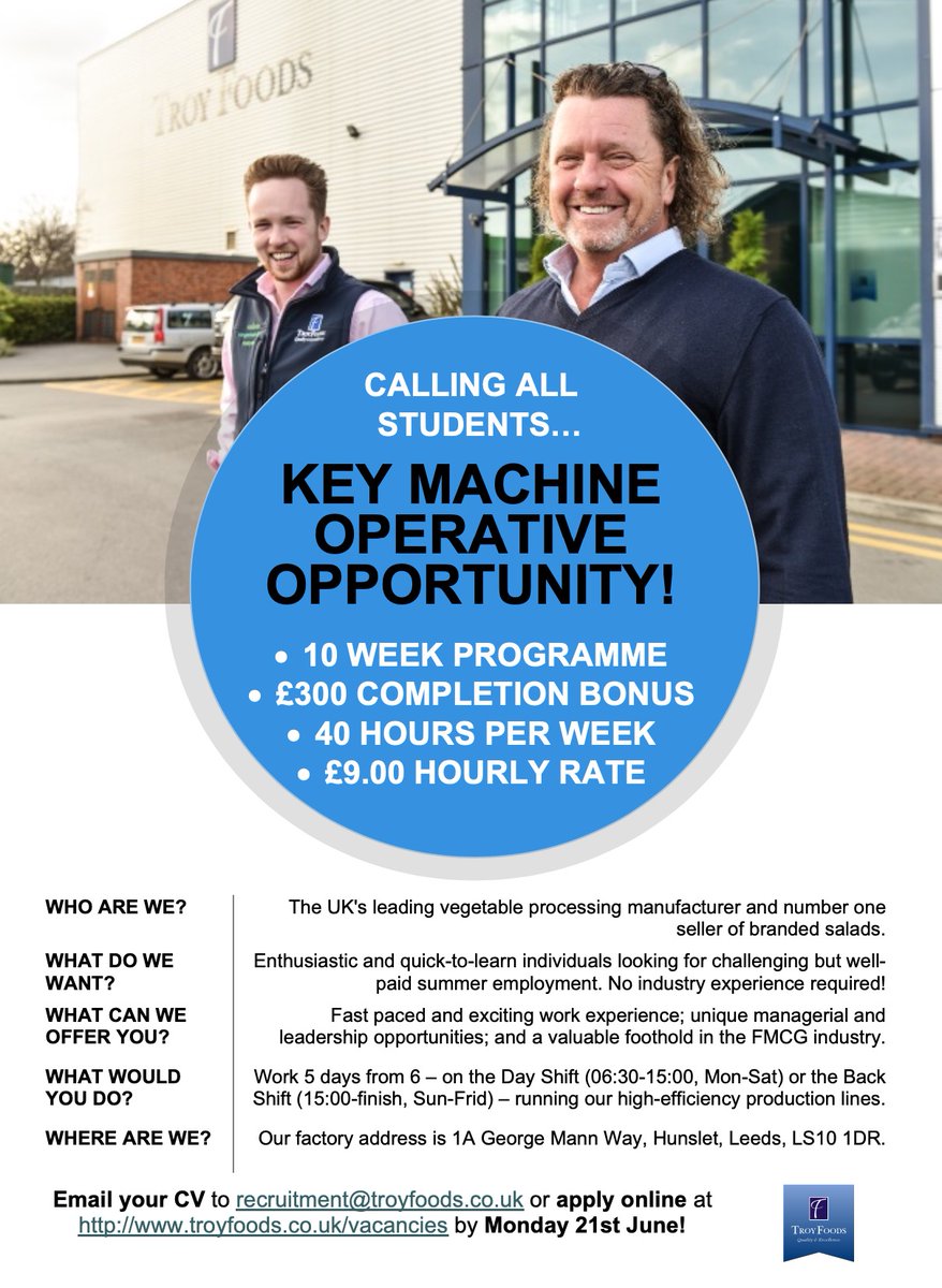 CALLING ALL STUDENTS! 🎓

We want you to join the Troy Foods team for a unique summer placement directing our highly-efficient production lines! 

- Fast-tracked training ✅
- Leadership opportunities ✅
- £300 completion bonus ✅
- A great CV reference ✅