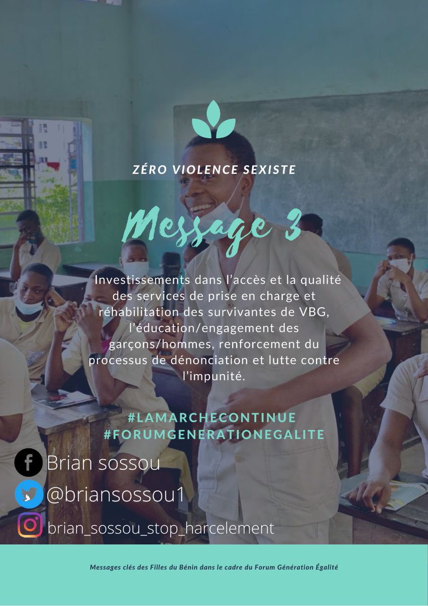 𝗠𝗲𝘀𝘀𝗮𝗴𝗲𝘀 𝗰𝗹𝗲́𝘀 𝗱𝗲𝘀 𝗙𝗶𝗹𝗹𝗲𝘀 𝗱𝘂 𝗕𝗲́𝗻𝗶𝗻 𝗱𝗮𝗻𝘀 𝗹𝗲 𝗰𝗮𝗱𝗿𝗲 𝗱𝘂 𝗙𝗼𝗿𝘂𝗺 𝗚𝗲́𝗻𝗲́𝗿𝗮𝘁𝗶𝗼𝗻 𝗘́𝗴𝗮𝗹𝗶𝘁𝗲́ 

𝗠𝗲𝘀𝘀𝗮𝗴𝗲 𝟯

#H1000FGE #LaMarcheContinue #NosVoixComptent  #Égalitéonagit #GenerationEquality 
#GenerationEqualityForum