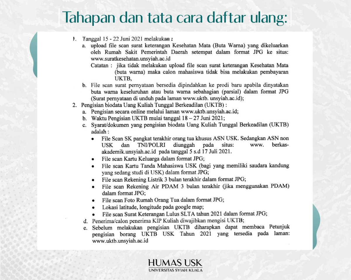 univ_syiahkuala's tweet photo. #InfoUSK 
Selamat bergabung di keluarga Universitas Syiah Kuala (USK). Jangan lupa lanjutkan tahapan dan tata cara daftar ulangnya ya. Jika tidak ikut tahapan ini, akan di anggap mengundurkan diri.
#BanggaJadiUSK
#MasukUSK
#SBMPTN 

https://t.co/WJm7xLipAB https://t.co/jdDmV4ncFL