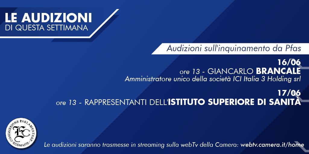 Questa settimana la Commissione continua il suo lavoro di approfondimento sull’#inquinamento da #Pfas con le audizioni dei rappresentanti di Ici Italia 3 Holding e dell’Istituto Superiore di Sanità.
Le audizioni saranno trasmesse in diretta streaming: webtv.camera.it