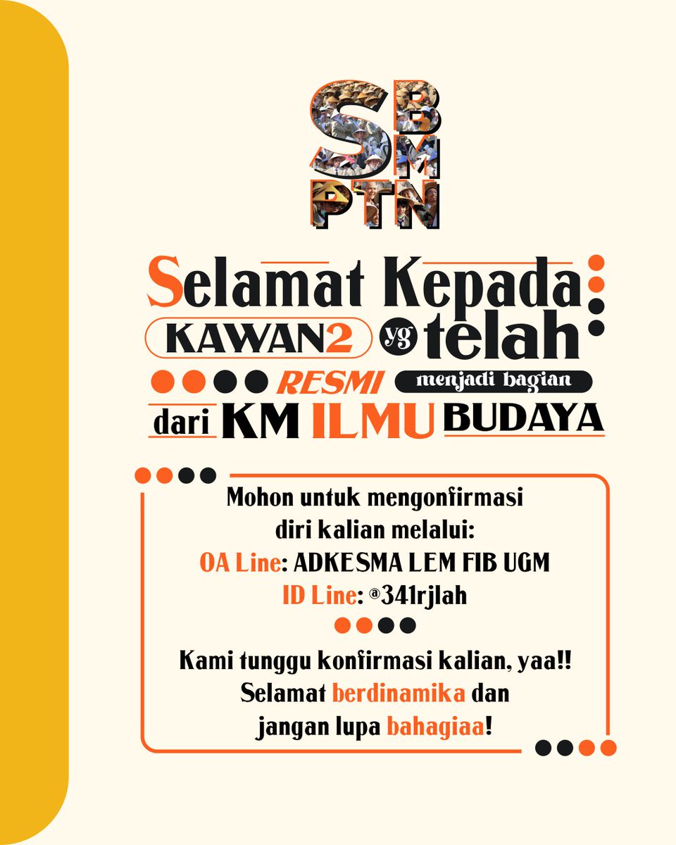 [CIE DAH JADI MABA]
Selamat datang, Mahadaya 2021!
Segenap anggota KM FIB UGM 2021 mengucapkan selamat kepada kamoeh yang sudah sah dan legal menjadi Mahadaya 2021 jalur SBMPTN. Kami tunggu konfirmasi kalian, yaa! Semangat dan selamat berdinamika, jangan lupa bahagia!