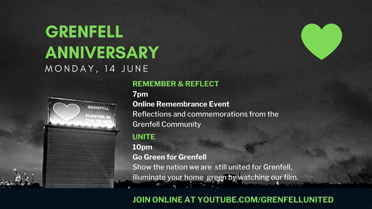 Today is 4 years since the #Grenfell tower fire. Please join us online to remember, reflect &amp; unite. 

From 7pm this evening 📺youtube.com/grenfellunited

💚