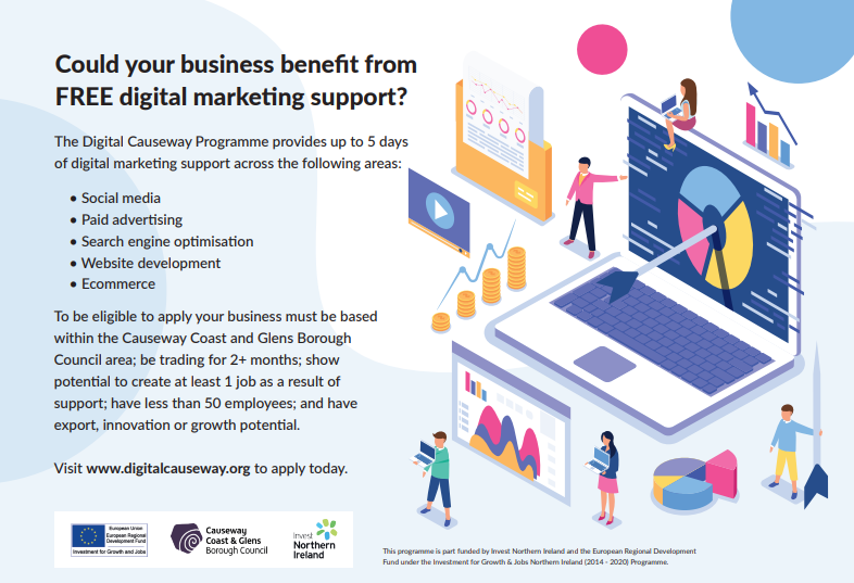 <a href="/CausewayCouncil/">Causeway Council</a> Digital Causeway Programme is now recruiting for businesses within CCGBC area who could benefit from digital marketing support.

Find out more &amp; apply now at:  digitalcauseway.org

Eligibility criteria applies.