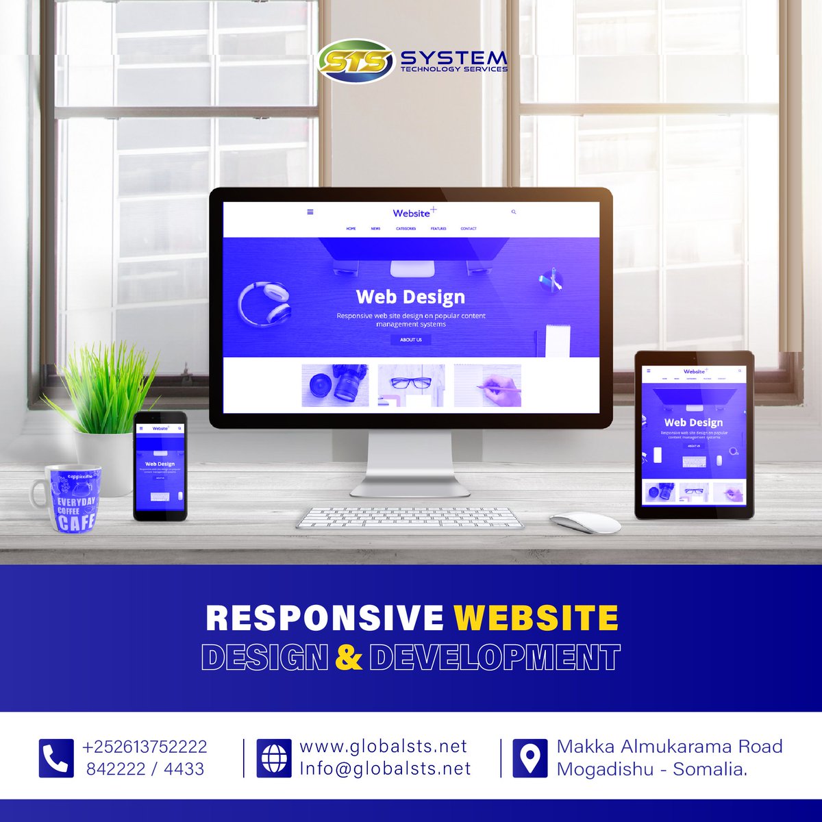 globalstsone's tweet image. #WEB_DESIGN_and_DEVELOPMENT
STS waxaad ugu soo hagaagi kartaa website-yada nuucyadiisa kala duwan sida (eCommerce , Waxbarsho, Hey'ad, Ganacsi , Caafimaad iwm), Kasoo si fudud Macaamiishaada ugaarsiin karo Adeegyada ama Badeecooyinka uu bixiyo ganacsigaaga/ururkaaga.
Wac: 4433