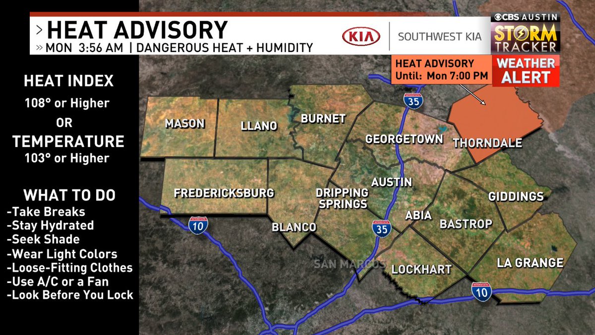 ChikageWeather's tweet photo. HEAT ADVISORY issued for parts of the @cbsaustin area. Dangerous heat + humidity may lead to heat-related illnesses. Stay cool &amp; be safe! Forecast: https://t.co/7Dainv4mOG Heat Safety Tips: https://t.co/SSufWbkPmg #attx #atxwx #cbsautinwx https://t.co/bz2YiCoCtd