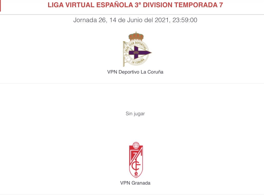 🎮⚽️ | #MATCHDAY 

🏆 3ª División @VPN_SPAIN 
🧗🏻 Jornada 26
🆚 #VPNDeportivoDeLaCoruña 
🏟️ #EstadioDeRiazor 
⏳23:59 h 

#LVE 
#VPNGranadaCF
#EternaLucha