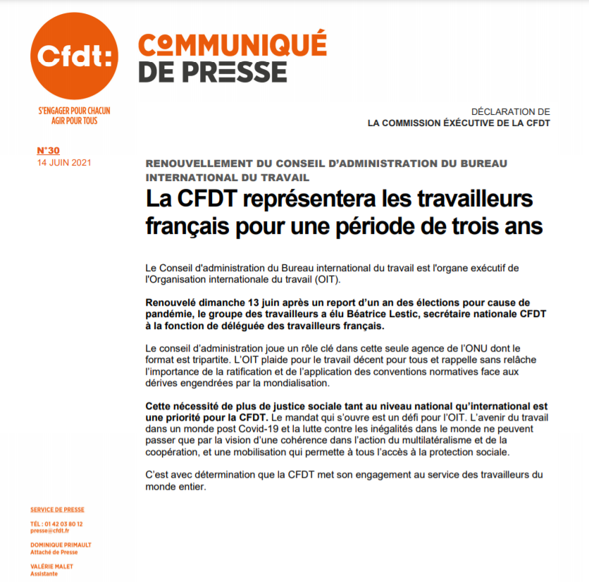 CFDT's tweet photo. || COMMUNIQUE DE PRESSE || La CFDT représentera les travailleurs français pour une période de 3 ans, au Conseil d'administration du Bureau international du #travail @OITinfo. https://t.co/9WZaEaHPyV #syndicalisme https://t.co/LuKR6AXzci