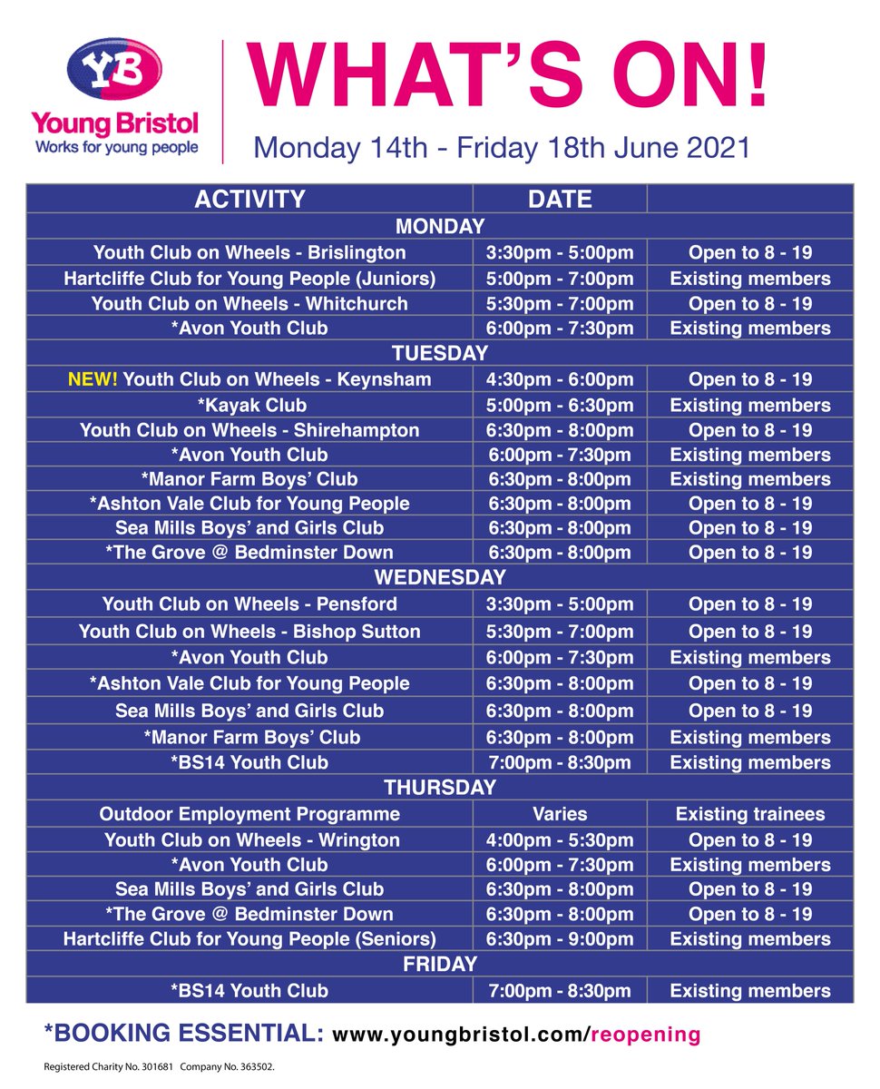 WHAT'S ON: Monday 14th - Friday 18th June 2021 🙌

Join Young Bristol for a fun-filled week of activities and opportunities across Bristol! 
⭐ Kayak Club
⭐ Outdoor Employment Programme
⭐ Youth Clubs
⭐ Youth Club on Wheels

Find out more 👇
youngbristol.com/reopening #youthwork