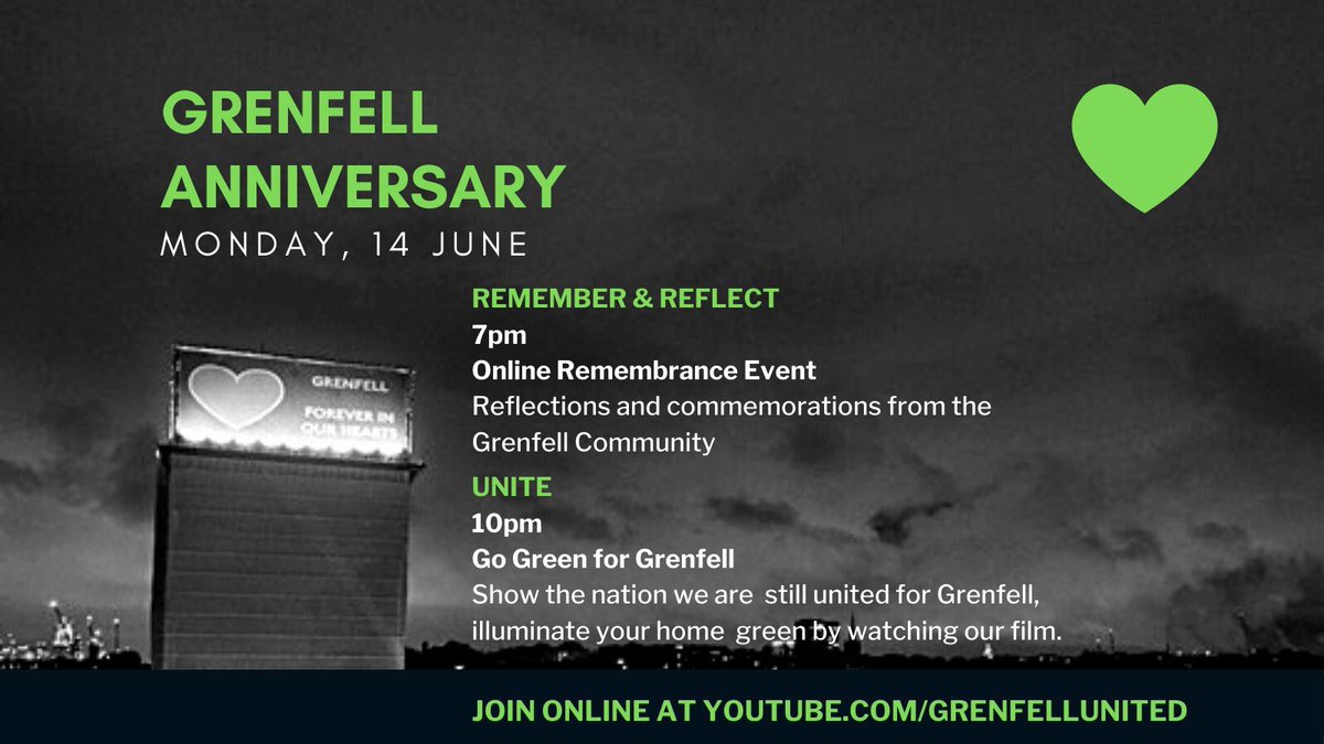 Today is the four year anniversary of the Grenfell Tower fire. We remember the 72 people who tragically lost their lives. Our thoughts are with the bereaved as well as the survivors. 

We join Grenfell United to remember, reflect and unite #Grenfell #GoGreenforGrenfell