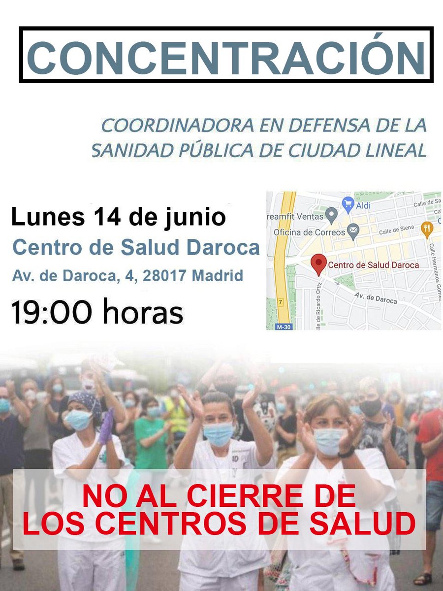 #SalvemosAPMadrid. Esta tarde concentración de vecinas/os en C. Salud Daroca para evitar cierres d centros d salud y q continúe la falta de profesionales y recursos en Atención Primaria de Madrid. Te esperamos! <a href="/AV_LaVecinal/">AV Barrio Bilbao y Pueblo Nuevo</a> <a href="/NuevaElipa/">AV La Nueva Elipa</a> <a href="/asamblealaelipa/">Asamblea de La Elipa</a> <a href="/av_quintana/">Asociación Vecinal de Quintana</a> @SoldelaConce
