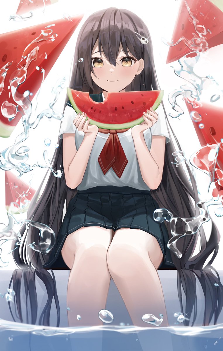 1girl fruit food watermelon solo long hair skirt  illustration images