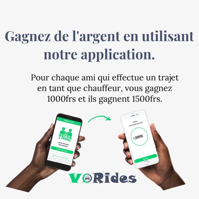 vorides's tweet photo. 💰Refer #Vorides to your friends who own cars using your referral code &amp; after their first rides as drivers, you get 1000frs and they get 1500frs.💰

It is simple:
1. Share your #code with friends who own #cars
2. After their first journeys as drivers, you both earn money.