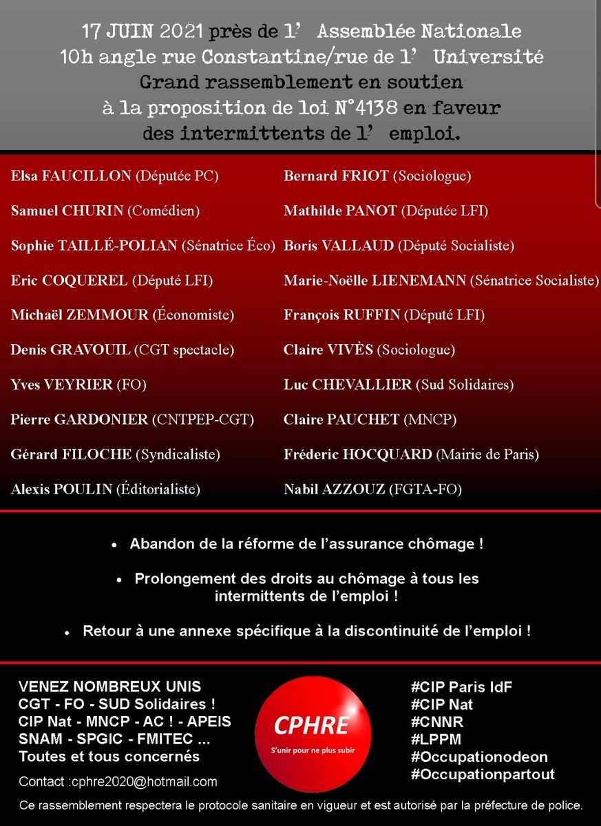 INVITATION AU RASSEMBLEMENT DU 17 JUIN, <a href="/cgt_spectacle/">CGT SPECTACLE</a> <a href="/fgtaFO/">FGTA-FO</a> <a href="/SNAM_CGT/">Musiciens et musiciennes CGT</a> <a href="/OccupationOdeon/">Occupation Odéon</a> <a href="/SyndicatPGIC/">SyndicatPGIC</a>  <a href="/Federation_MNCP/">MNCP</a> <a href="/LaFMITEC/">FMITEC</a> <a href="/CNTPEP_CGT/">CGT chômeurs précaires</a> <a href="/CNNR2020/">CNNR</a> #LPPM TOUTES ET TOUS UNIS 
✊✊✊✊✊✊