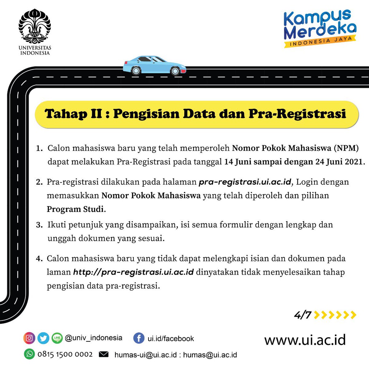 Selamat bagi Calon Mahasiswa Baru UI yang diterima melalui Jalur SBMPTN.

Berikut ini adalah langkah-langkah yang harus kamu lakukan setelah kamu dinyatakan lulus SBMPTN. Tahapan selengkapnya dapat dilihat pada akun masing-masing di laman penerimaan.ui.ac.id.
