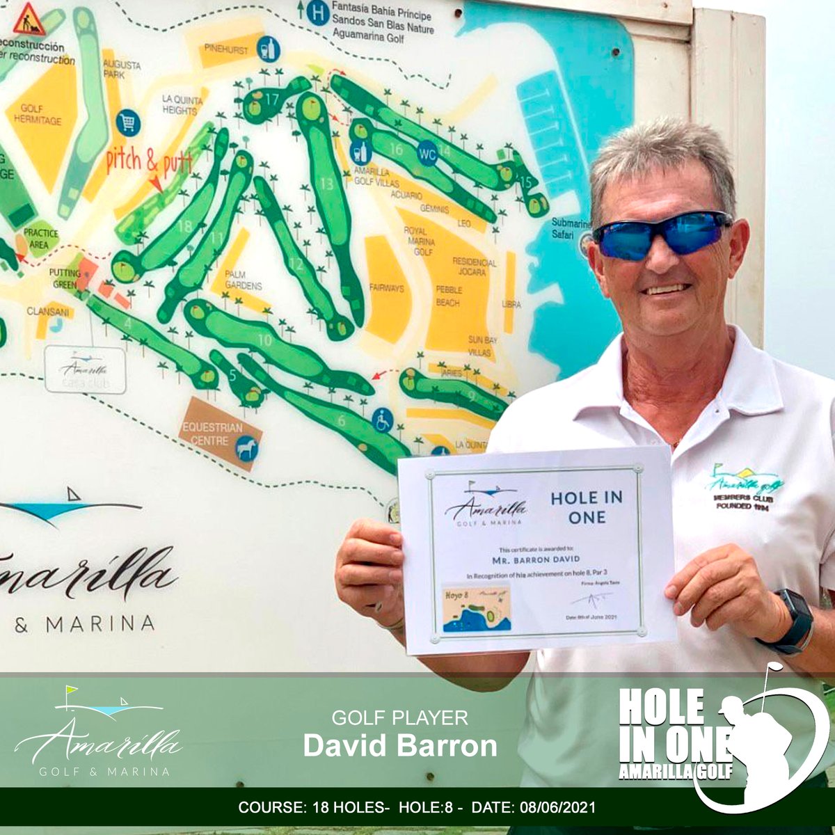 HOLE IN ONE!!!! The emblematic hole 8 of Amarilla Golf has become a real challenge for our players, there are already several HOLE IN ONE that have been achieved as is the case of Mr. David Barron, whom we congratulate for this spectacular Hole IN ONE made on June 8th. Well done!