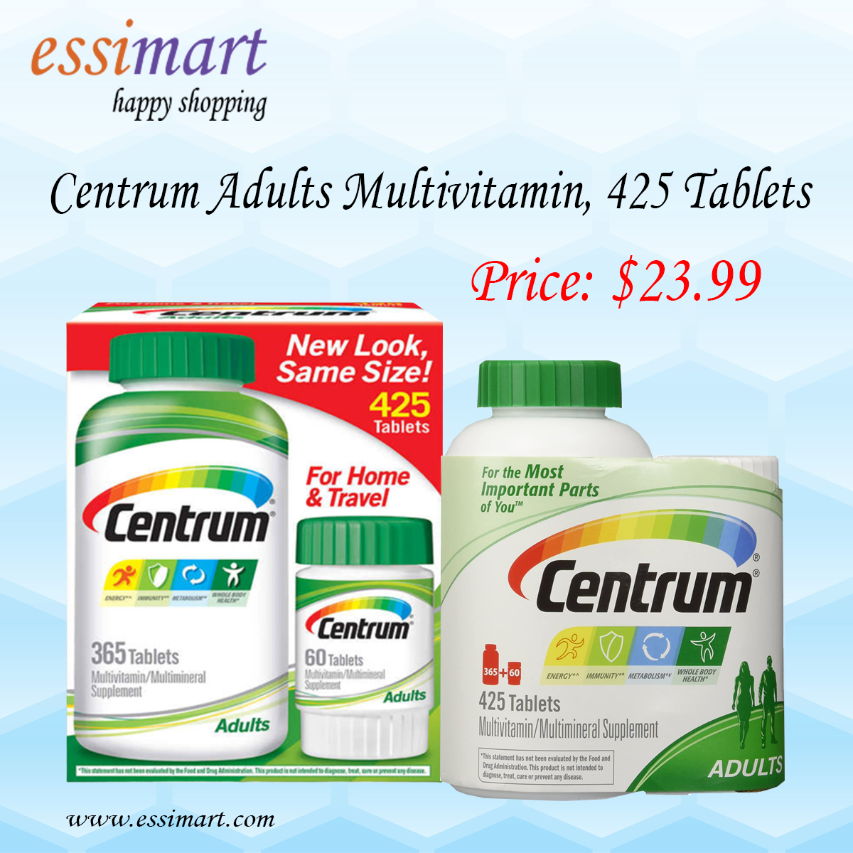 essimart's tweet image. Centrum Adults Multivitamin, 425 Tablets
Price: $23.99
Details: essimart.com
Features:
40 years of nutritional science to bring you the most complete multivitamin.
Have a smooth coating that’s easy to swallow.
Feed Your Cells with Centrum Micronutrients.