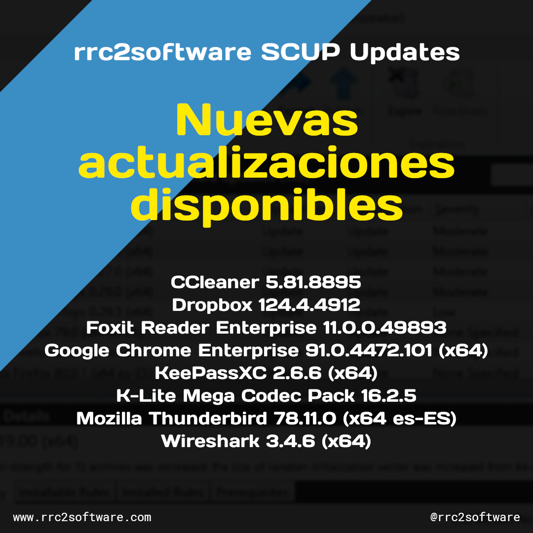 rrc2software's tweet photo. 8 nuevas actualizaciones disponibles en rrc2software SCUP Updates.
#CCleaner #Dropbox #Foxit #Chrome #KeePassXC #KLite #Thunderbird #Wireshark https://t.co/iZpfS4t9wO