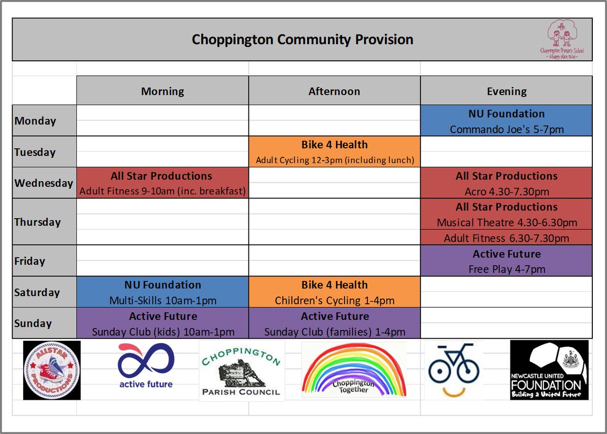 Starting next week we have a timetable of activities that are available for the community - we have been working hard with <a href="/ChopsTogether/">Choppington Together</a> and Choppington Parish Council. From Monday 21st June for 10 weeks we have FREE activities in the evenings, at weekends and during the day.
