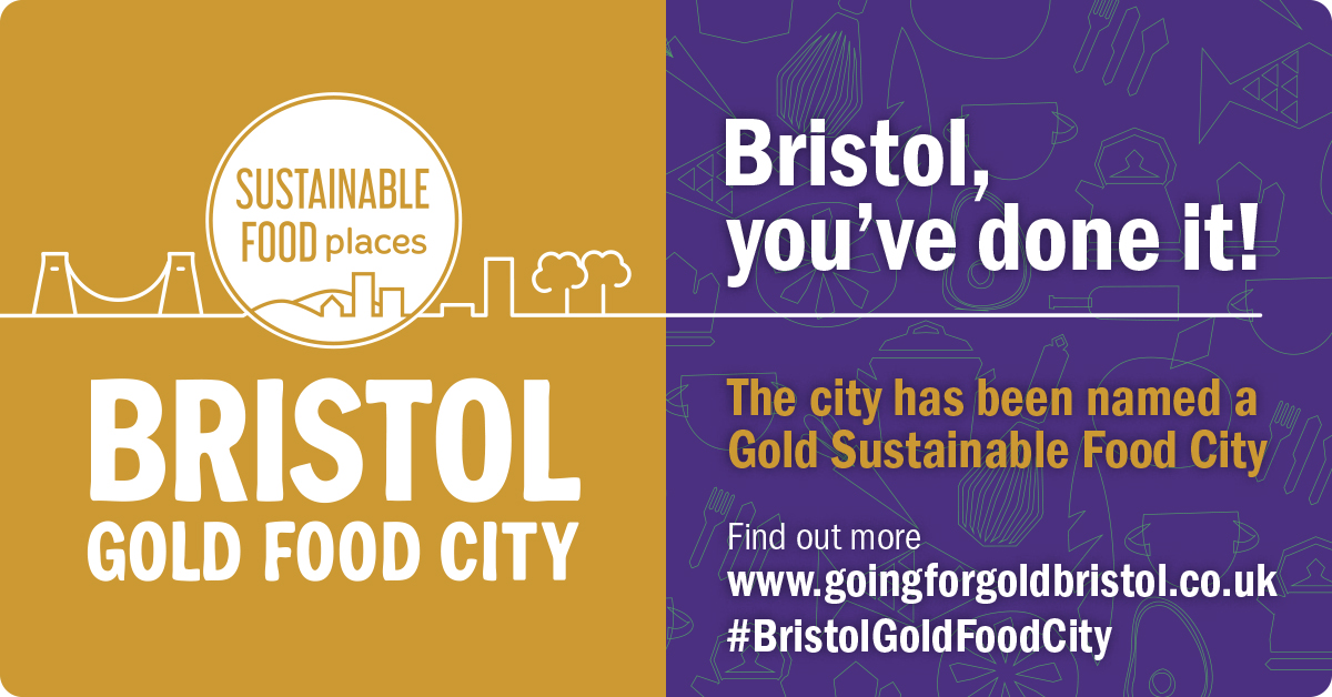 Well done Bristol! 

Our city has been awarded Gold Sustainable Food City status, recognising how people, communities, organisations &amp; food businesses are transforming our city through good food. Read about this incredible achievement: goingforgoldbristol.co.uk #BristolGoldFoodCity