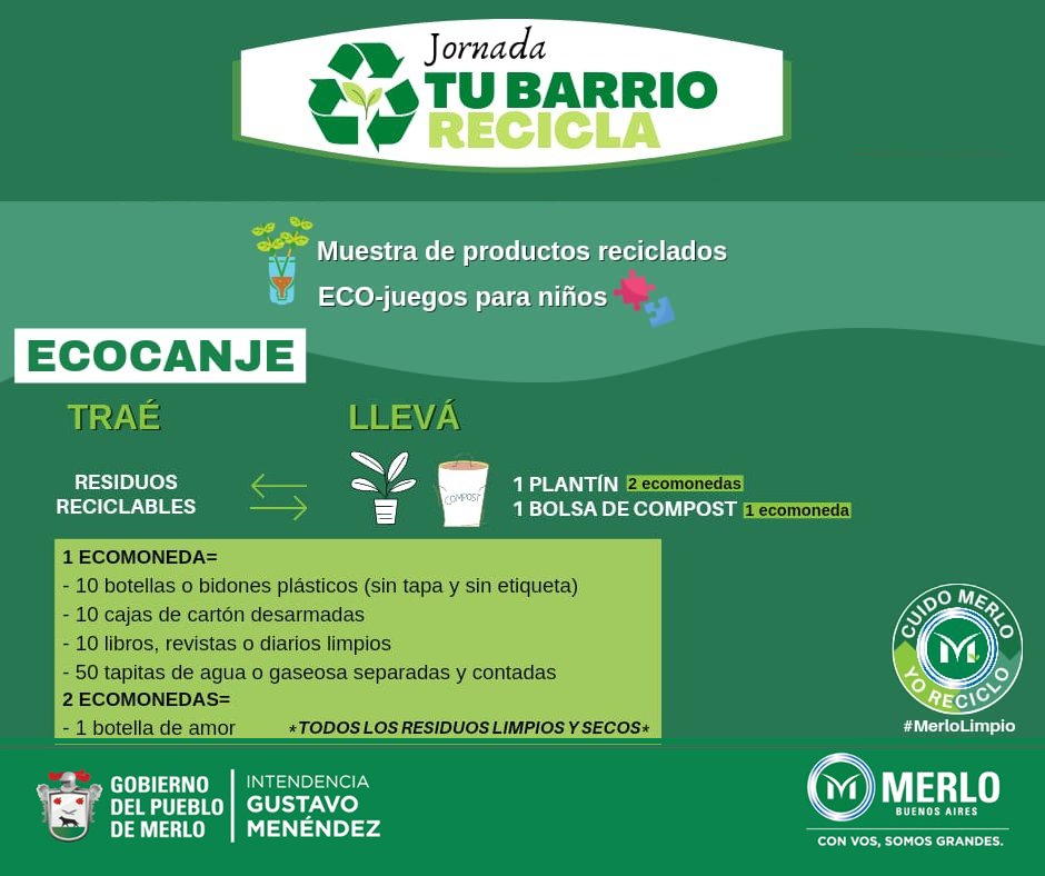 MerloGob's tweet photo. Desde el programa #MerloLimpio llegan las jornadas de #TuBarrioRecicla, organizadas por la Secretaría de Delegaciones de #Merlo.
Signo grueso blanco de verificaciónParticipá llevando tus reciclables separados, limpios y secos
♻ https://t.co/CLCwpAicDz
#CuidoMerlo #YoReciclo https://t.co/iYrI4vek3n
