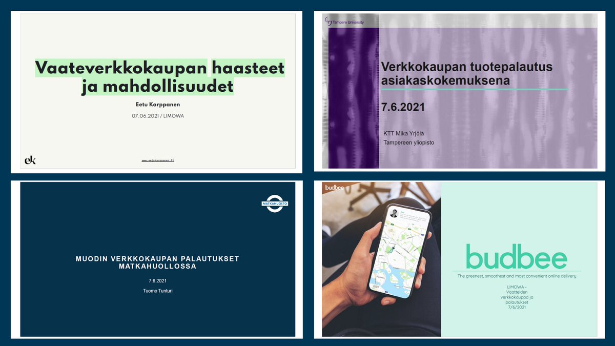 Tallenne webinaarista "Vaatteiden verkkokauppa ja palautukset" 7.6.2021 on nyt katsottavissa: limowa.fi/tallenne-limow…

Puhumassa oli:

- <a href="/kyyjonssoni/">Eetu Karppanen</a>, #KuinkaOy
- Mika Yrjölä, @TampereUni
- Tuomo Tunturi, <a href="/matkahuolto/">Matkahuolto</a>
- Joonas Hjelt, <a href="/budbee/">Budbee</a>

#verkkokauppa #palautukset