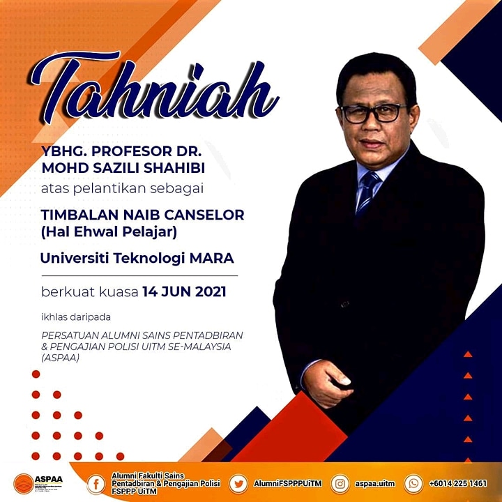 AlumniFSPPPUiTM's tweet photo. 𝗧𝗔𝗛𝗡𝗜𝗔𝗛!

Persatuan Alumni Sains Pentadbiran &amp; Pengajian Polisi UiTM Se-Malaysia (ASPAA) ingin mengucapkan setinggi-tinggi tahniah kepada YBhg. Prof Dr. Mohd Sazili Shahibi di atas pelantikan sebagai Timbalan Naib Canselor (HEP) UiTM yang baharu. 

#KitaFSPPP
#UiTMdihatiku https://t.co/R4oLnYFRsU