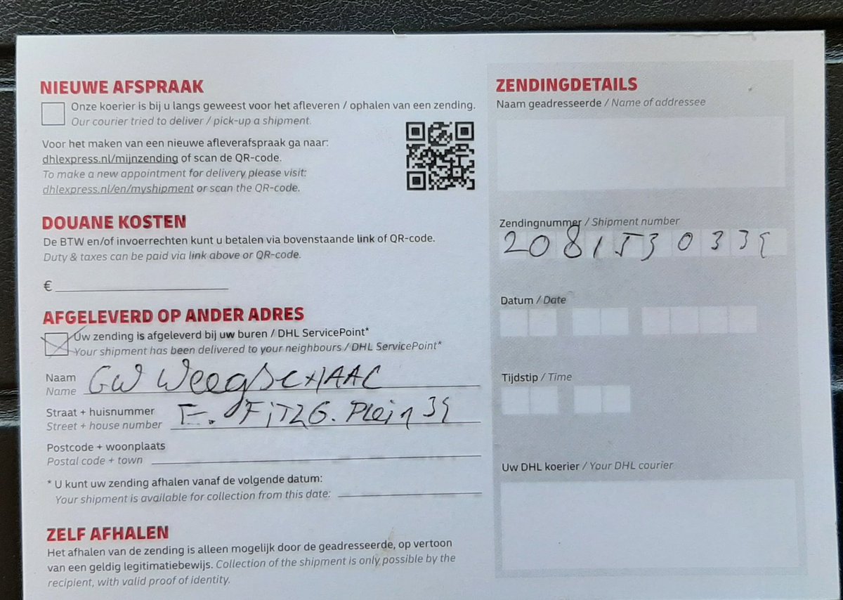 remenska's tweet photo. @DHLNL help, I have no clue where my package is. I specified Scapino as delivery location, I got this paper in mailbox with completely different location, and your app says 'zending by coerier voor aflevering'. What do? https://t.co/bVdEk1Uw78