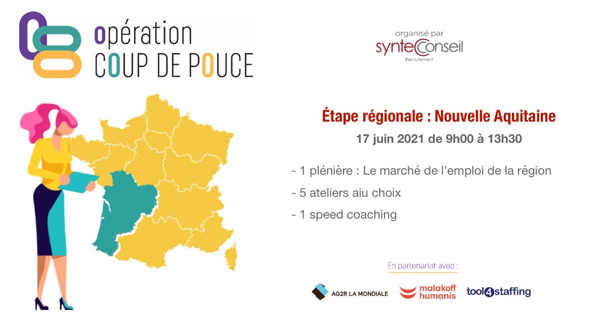 ConseilSyntec's tweet image. [RDV] L’ #OpérationCoupDePouce entame son Tour de France des régions, du 17 au 29 juin pour accompagner les cadres séniors dans leur démarche de retour à l’emploi. 1er étape : la Nouvelle Aquitaine ! 

+ d’infos sur le programme 👉 operation-coup-de-pouce.fr