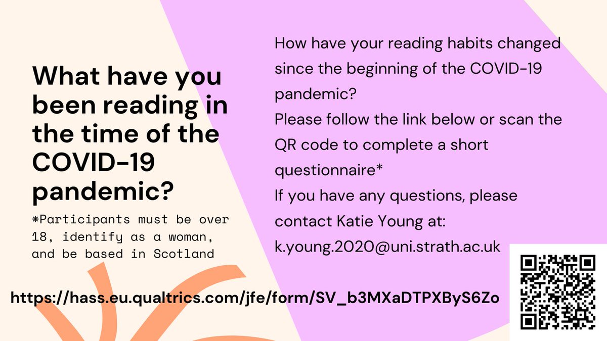 katieeey's tweet photo. CALL FOR PARTICIPANTS 
im researching women's reading during covid with @HaSSGradSchool
@StrathGender &amp; im looking for women (+18) who lived in scotland at any time since march 2020 to answer a short survey! pls rt!
click the link below to or dm take part!
https://t.co/4UT6exkarI https://t.co/tvUFkW5ozI