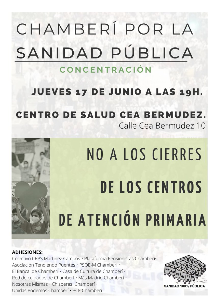 En Chamberi también nos concentrarnos en defensa de la Atencion primaria, los centros de Salud y la #SanidadPublica.
Acompañarnos el Jueves 17