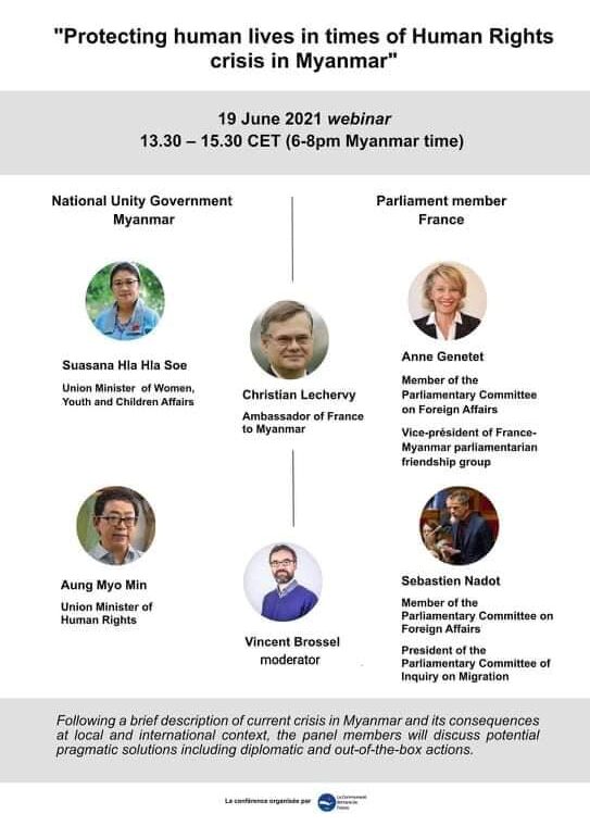 📢Protection of human lives in times of #HumanRights crisis in #Myanmar 

📢What can France 🇫🇷 do to stop #CrimesAgainstHumanRights ?

I will moderate this #Webinaire Saturday, organized by <a href="/BirmaneLa/">La Communauté Birmane de France (CBF)</a> 

#burma #birmanie
<a href="/francediplo/">France Diplomatie 🇫🇷🇪🇺</a> <a href="/FrancenBirmanie/">France en Birmanie</a> 
<a href="/AGenetet/">Anne Genetet</a> <a href="/Sebastien_Nadot/">NADOT</a>