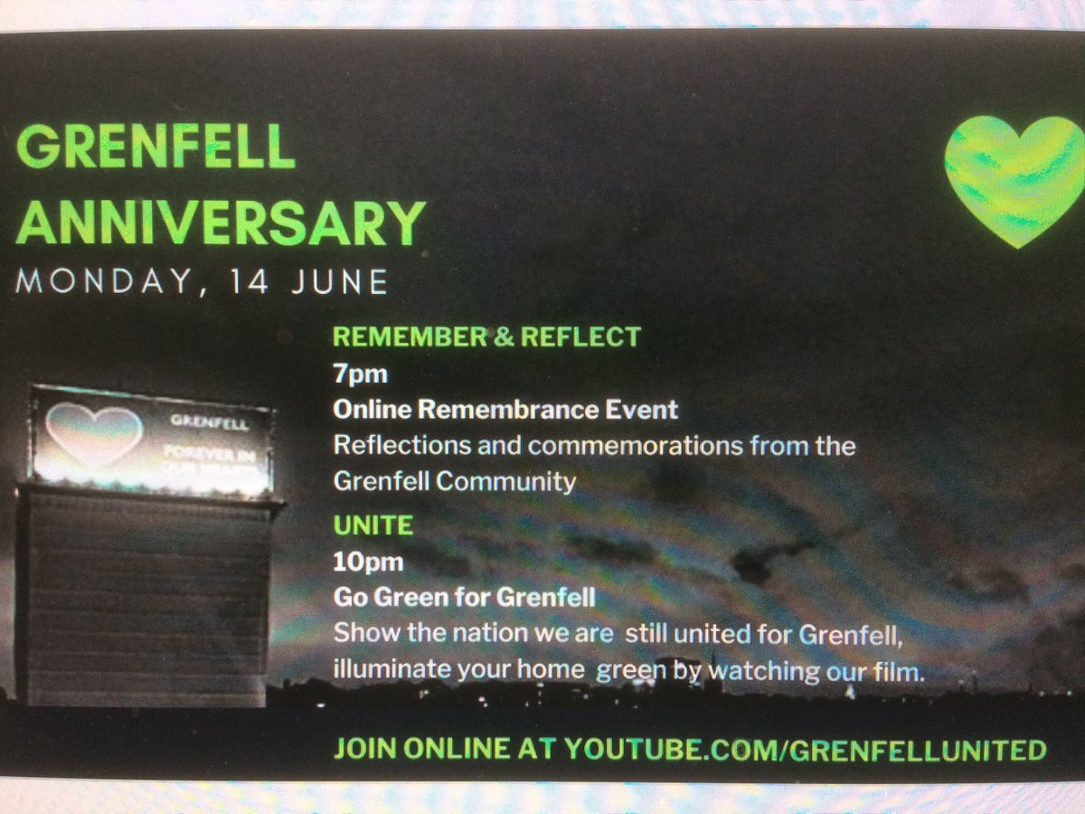 Today we remember the 72 people who lost their lives and all those affected by the Grenfell Tower fire tragedy four years ago. Join <a href="/GrenfellUnited/">Grenfell United</a> tonight #GoGreenForGrenfell 💚