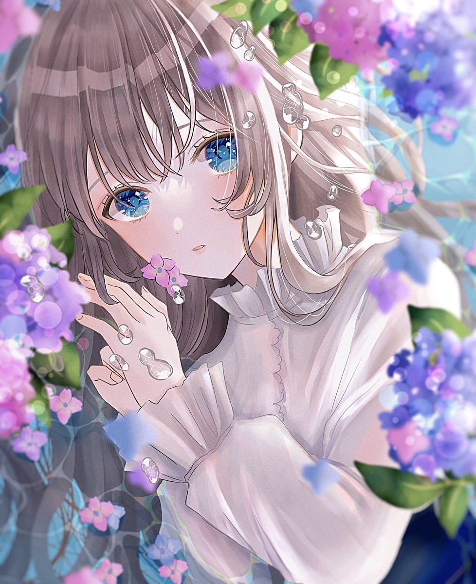 1girl flower solo blue eyes looking at viewer long hair brown hair  illustration images