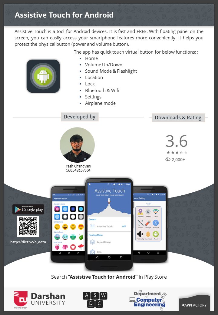 DarshanUniv's tweet photo. Assistive Touch is a tool for #Android devices. With a floating panel on the screen, you can easily access your smartphone features more conveniently.
You can download the app from #PlayStore: https://t.co/bdFqbbWKuA
#DarshanUniv #MobileAppDevelopment #AppFactory #AndroidDev https://t.co/ICUUZaZowT