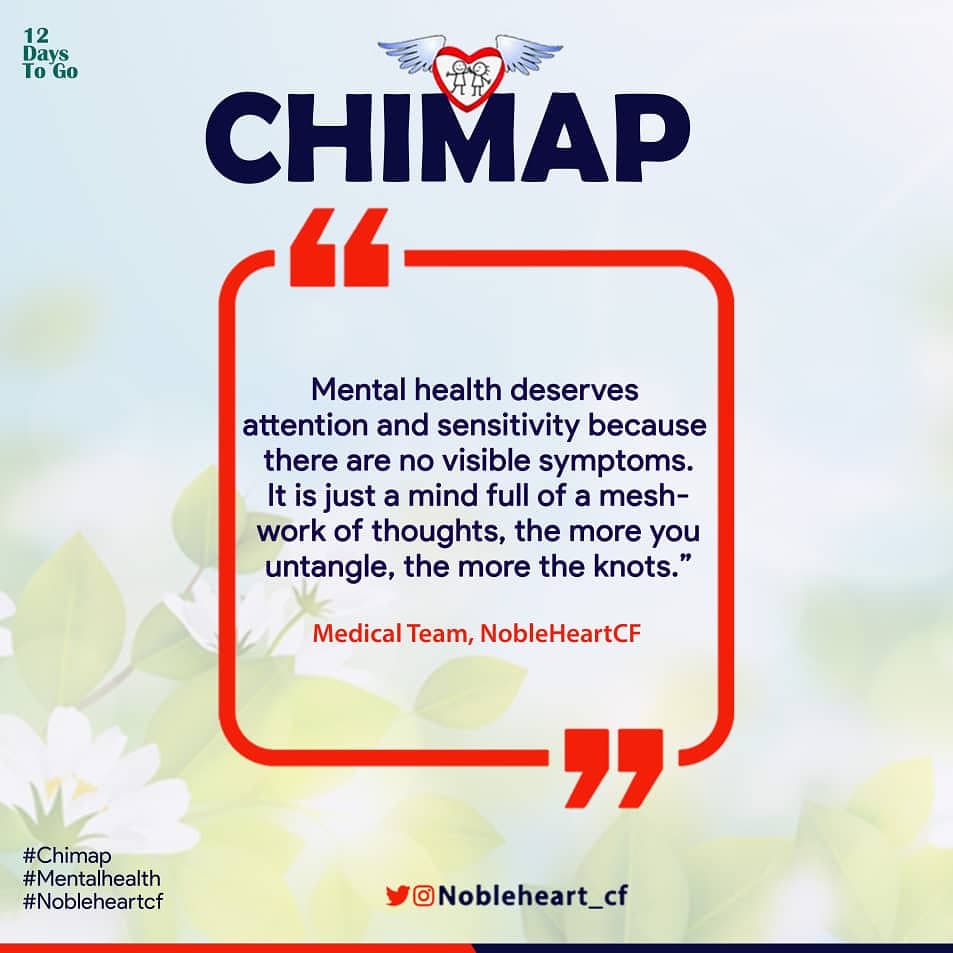NobleHeartCF's tweet photo. 12 Days To Go!!!
Mental health deserves attention and sensitivity because there are no visible symptoms, it's just a mind full of a mesh-work of thoughts, the more you untangle, the more the knots.
#Chimap #mentalhealth #NobleheartCF #MondayMotivation https://t.co/yZNxGTyWgM