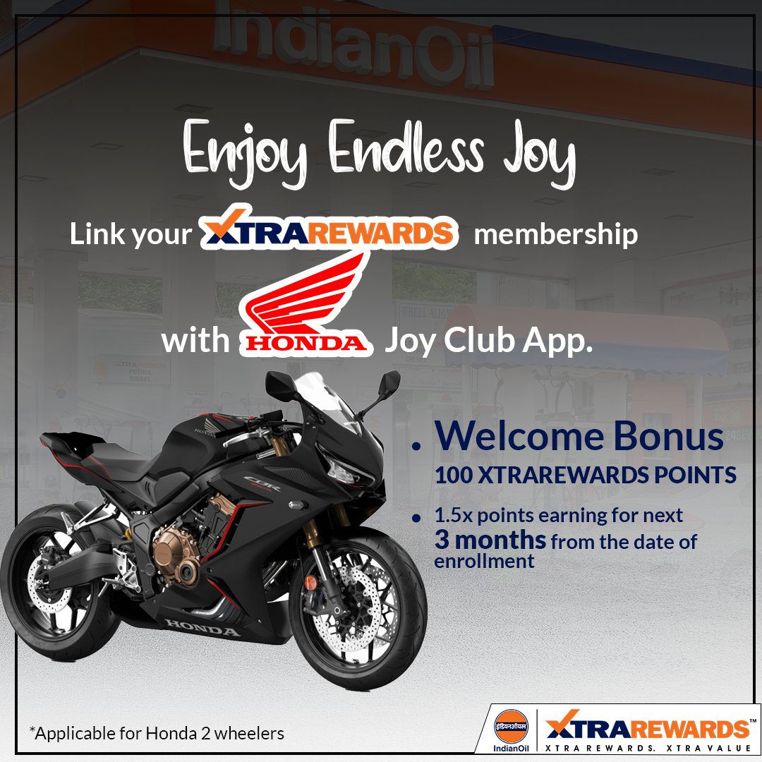 Fuel up your joy!
Link your Honda Joy Club Membership with #XTRAREWARDS card to boost your savings. 
.
#IndianOil #RewardPoints #Reward #Honda 
<a href="/IndianOilcl/">Indian Oil Corp Ltd</a> <a href="/IOCRetail/">IndianOil PetrolPump</a>
