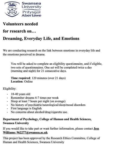 Looking for participants to take part in our dream study! 

If you think you're eligible and are interested in taking part, click the link and fill in the questionnaire, I'll get back to you asap 🥰💫

swanseachhs.eu.qualtrics.com/jfe/form/SV_cG…