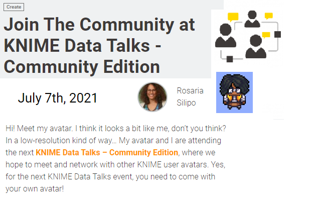 paolotamag's tweet photo. Great work picking your avatar @DMR_Rosaria ! :)

Blog on the upcoming interactive online conference: https://t.co/r6W9KEtt6D

Register here and pick your avatar people! 

https://t.co/HwtfMj7FWu

#knime #datascience #opensource #dataevent #datascienceevent #datasciencemeetup https://t.co/foTt86bpA3