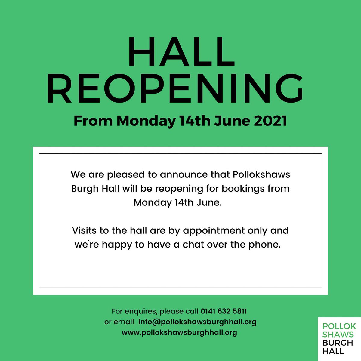 PollokshawsHall's tweet photo. We are back open for business! We’d love to hear from you if you’re looking for a venue to host your event, club or activity! 
Please note, visits to the hall are by appointment only and we ask that you practice social distancing while in the building. https://t.co/YtutTGxemG