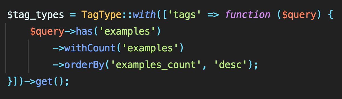 Laravel tip of the day: just a code example from my project, showing the possibility of filtering hasMany relationships.

TagTypes -&gt; hasMany Tags -&gt; hasMany Examples
And you wanna query all the types, with their tags, but only those that have examples, ordering by most examples.