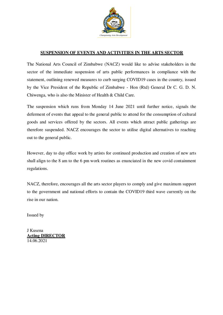 SUSPENSION OF EVENTS AND ACTIVITIES IN THE ARTS SECTOR
<a href="/NicMoyo/">Nicholas Moyo</a> @moysarzim <a href="/twoleaders/">Daves Guzha</a> <a href="/culturefundzim/">Culture Fund</a> <a href="/AforDZimbabwe/">Artists for Development</a> @CinemaZW <a href="/zfidp/">Zimbabwe Film Industry Development Platform</a> <a href="/Zimusicians/">ZimMusicians Union</a> <a href="/zimuraonline/">Zimbabwe Music Rights Association (ZIMURA)</a> <a href="/Zimusicawards/">#ZIMA25</a> <a href="/lol_tainmentzw/">LOL ENTERTAINMENT ZIMBABWE</a> <a href="/intwasa/">#Intwasa25</a> <a href="/zgsgoetheharare/">Zimbabwe German Society/ Goethe Zentrum Harare</a> <a href="/NatGalleryZimb/">National Gallery of Zimbabwe</a> <a href="/afbulawayo/">af bulawayo</a> <a href="/BYOgallery/">National Gallery in Bulawayo</a> <a href="/NgzMutare/">Ngz Mutare</a>
