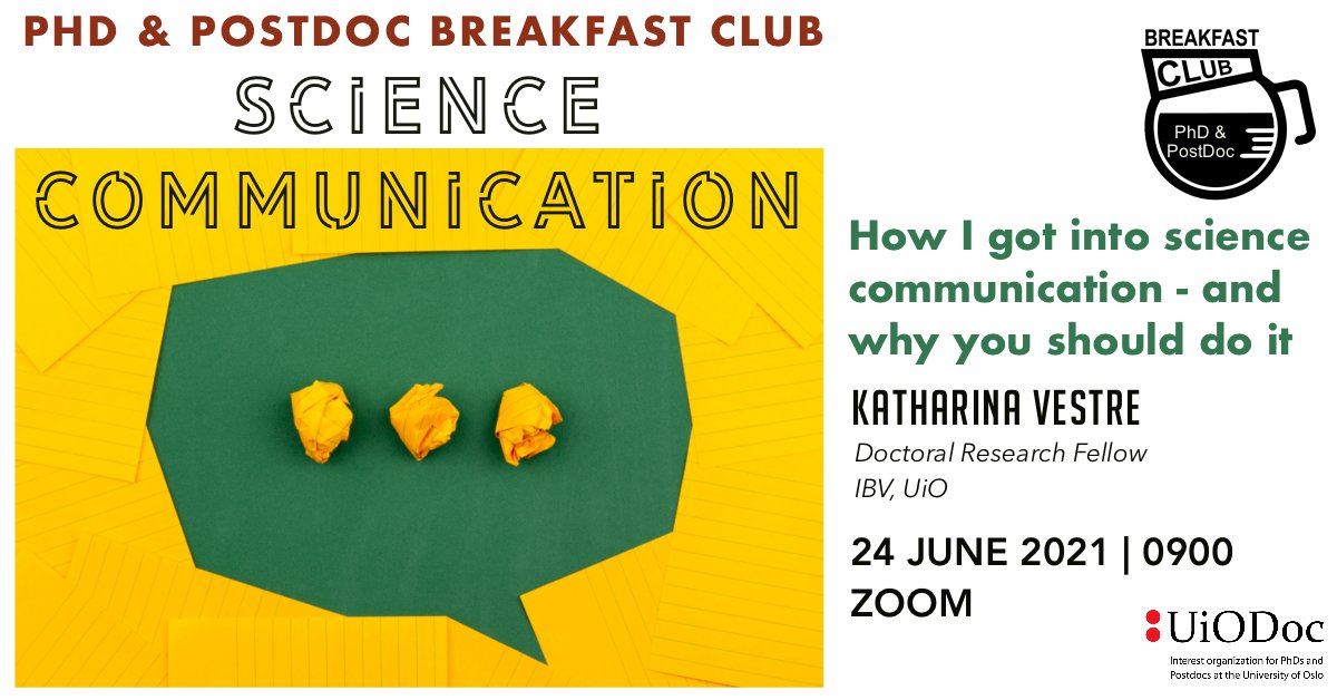 UiO_Doc's tweet photo. New event alert! ๐จ
June's #PPBC will be by @kmvestre where she will talk about how and why she got into #scicomm ๐ค๐
Date: 24 June 2021
Time: 0900
Location: Zoom
Register here: https://t.co/9MJdB8iOz5 https://t.co/hMghl3pZ9V