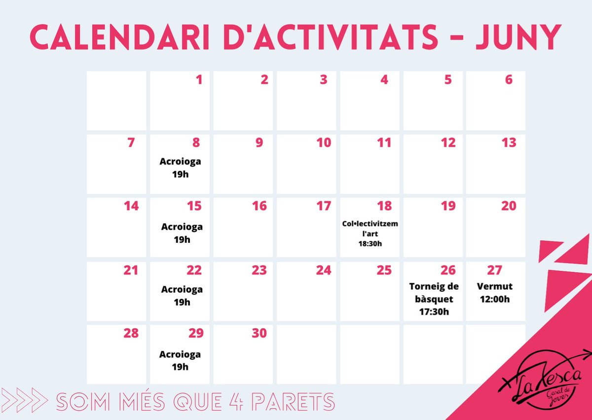 Us portem activitats pel Juny! 🔥

🤸‍♀️ ACROIOGA: Dimarts a les 19

🖌 COL•LECTIVITZEM L'ART: Divendres 18 seguim aprenent diferents formes d'art!

🏀 TORNEIG DE BÀSQUET: Dissabte 26 torneig de bàsquet 3x3 amb la <a href="/fmaCugat/">FMA Sant Cugat</a>

🍹 VERMUT: Diumenge al migdia, vermut amb la <a href="/fmaCugat/">FMA Sant Cugat</a>